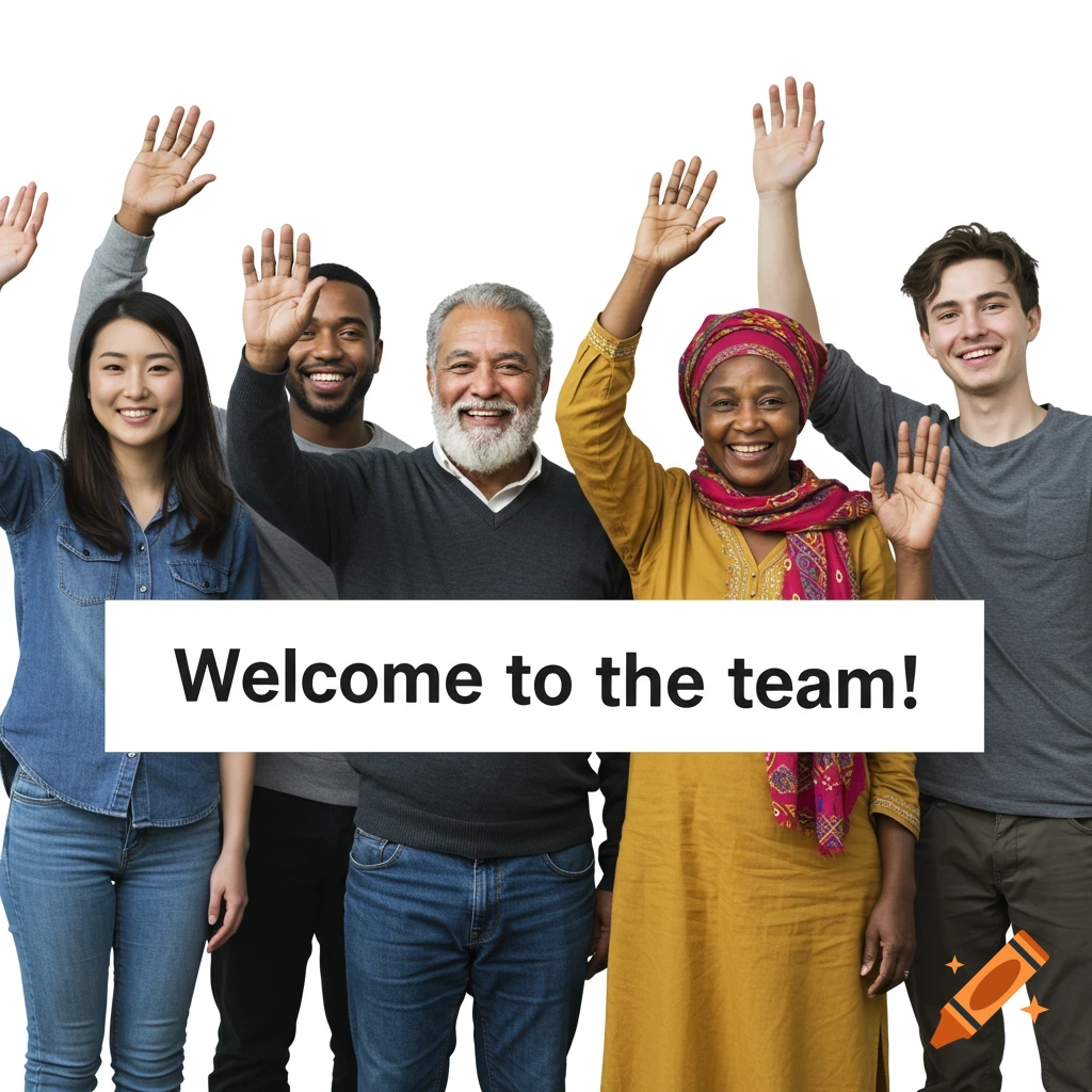 Diverse people wave hello with text "Welcome to the team!"