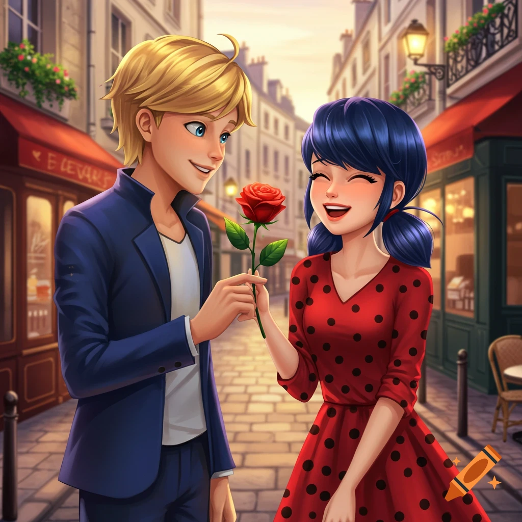 Adrian gives Marinette a rose on a Paris street.