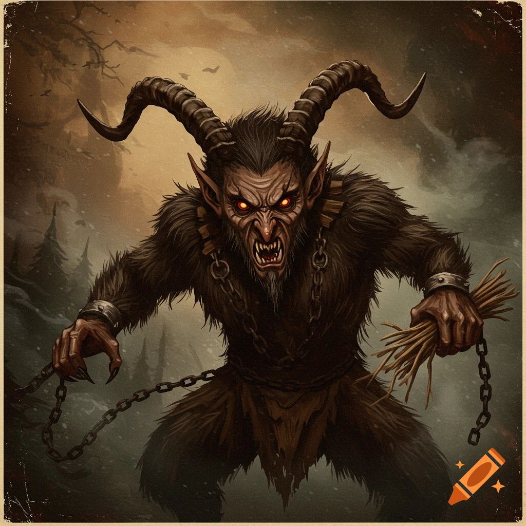 A vintage illustration of Krampus, a demonic creature with horns, fur, red eyes, fangs, and chains, holding a bundle of sticks in a snowy forest.