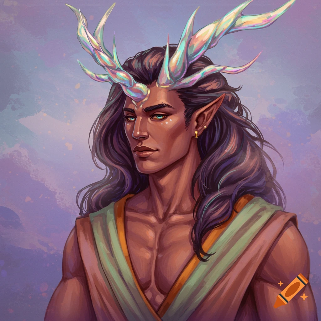 A man with iridescent horns and pointed ears.