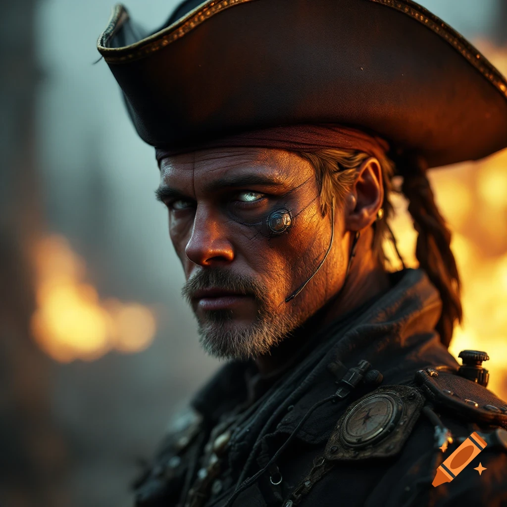Photorealistic portrait of a man in a pirate hat with a cybernetic eye implant against a fiery background.