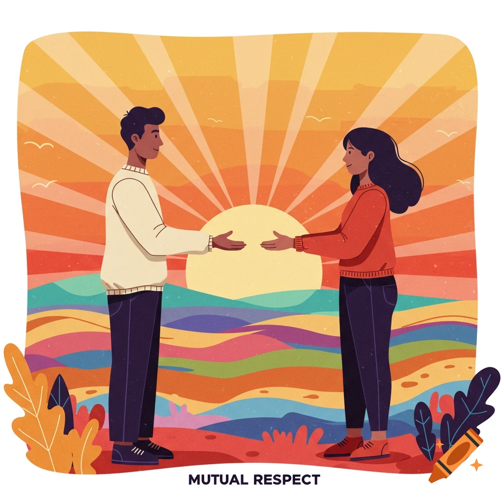 Colorful illustration of two people reaching towards each other under a sunset with text 'MUTUAL RESPECT'.