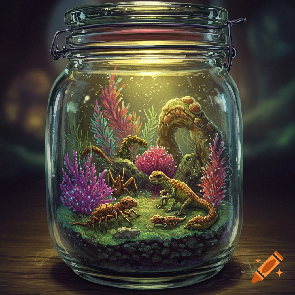 A fantasy ecosystem inside a jar, with glowing plants, lizard-like creatures, and insectoids.