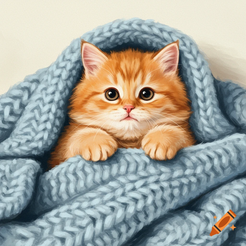 A fluffy orange kitten bundled in a blue knitted blanket.