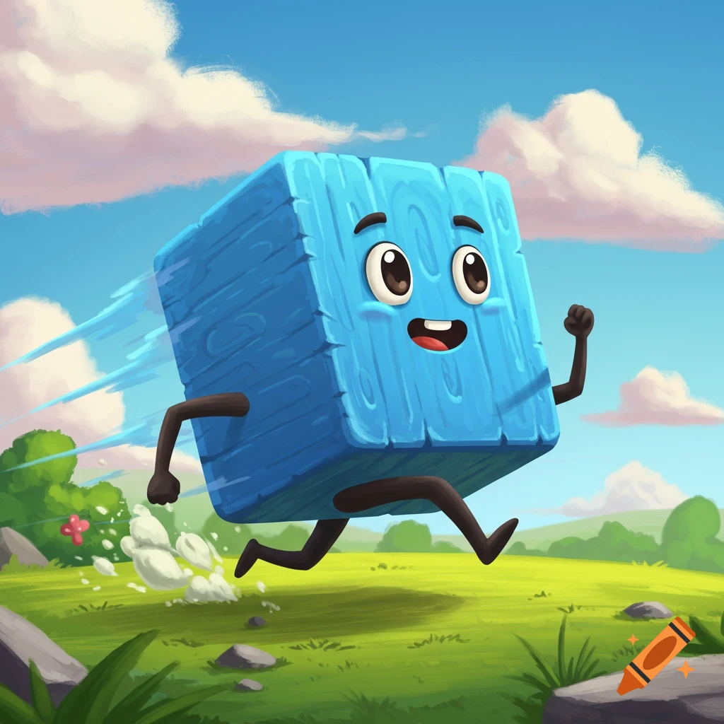 A happy blue wooden block character running in a green landscape under a blue sky.