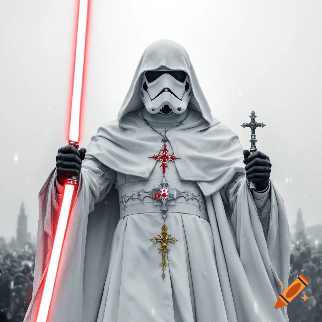 Figure in white hooded robe and Stormtrooper helmet holding a red lightsaber and a crucifix.