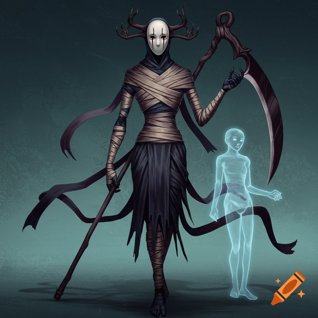 A bandaged figure with a mask and antlers holds a scythe and stands beside a glowing blue humanoid form.