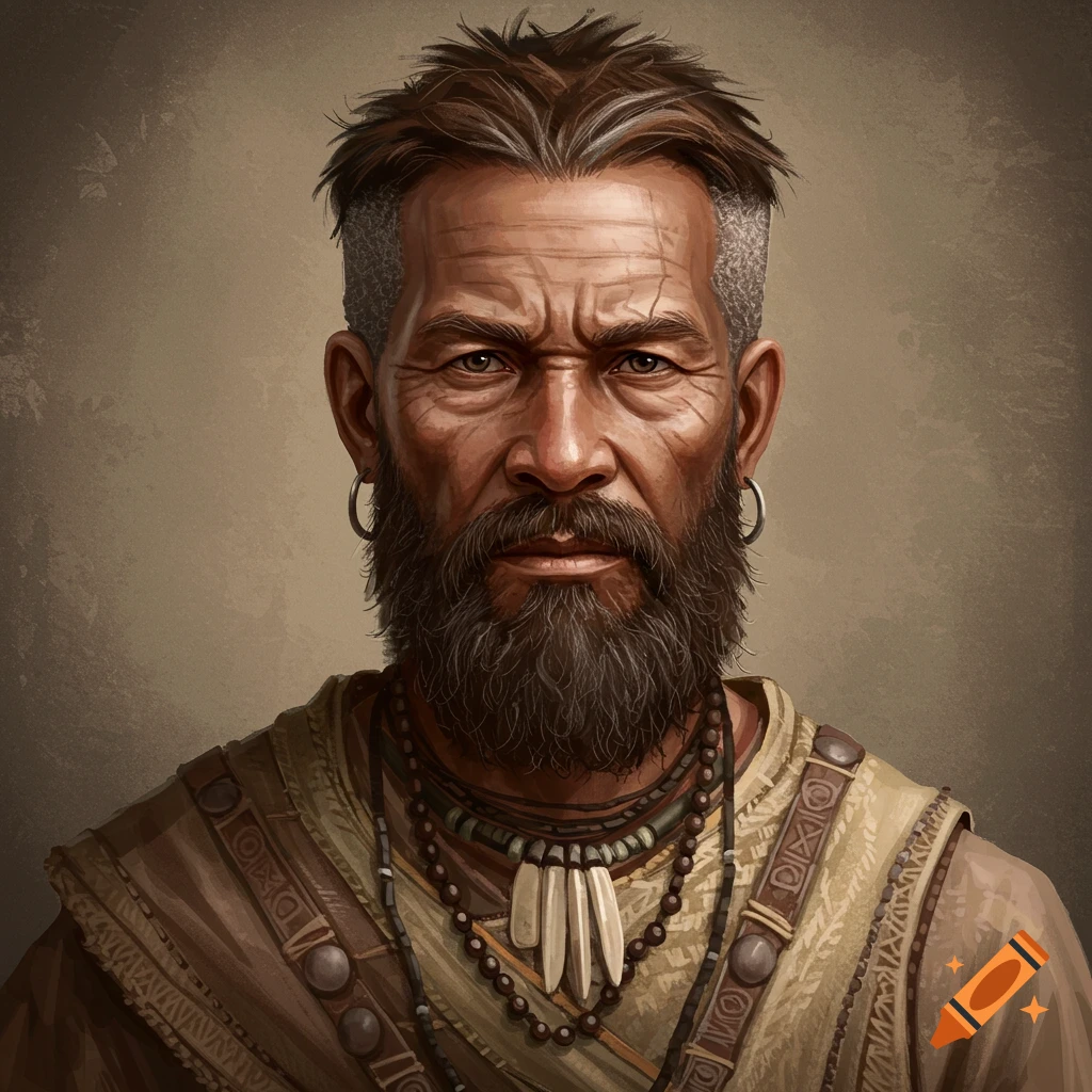 A portrait of an older man with a beard and tribal jewelry.
