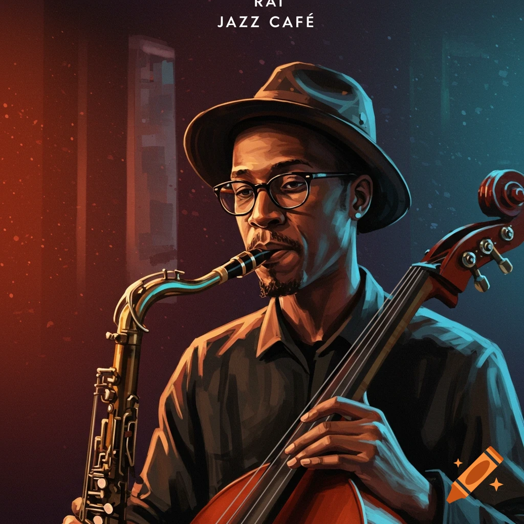A man in a hat plays a saxophone and upright bass in a jazz cafe with the text "RAI JAZZ CAF
Rai Jazz Cafe".