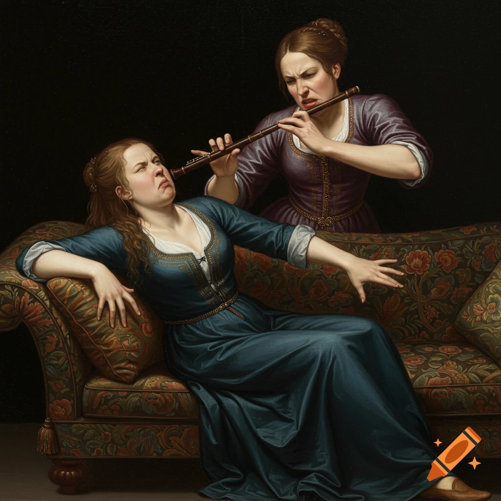A renaissance-style painting depicts one woman playing a flute close to another woman's face, who is recoiling in disgust on a couch.