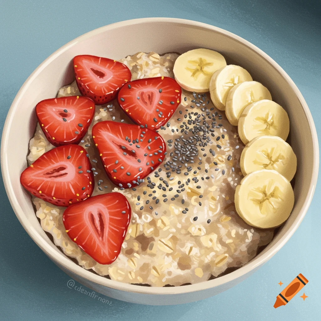 A bowl of oatmeal topped with sliced strawberries, banana slices, and chia seeds.