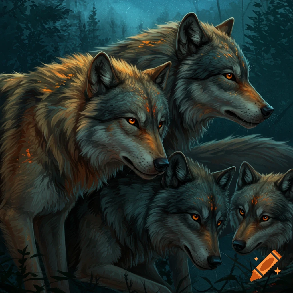 A pack of wolves in a dark forest, with glowing orange eyes.