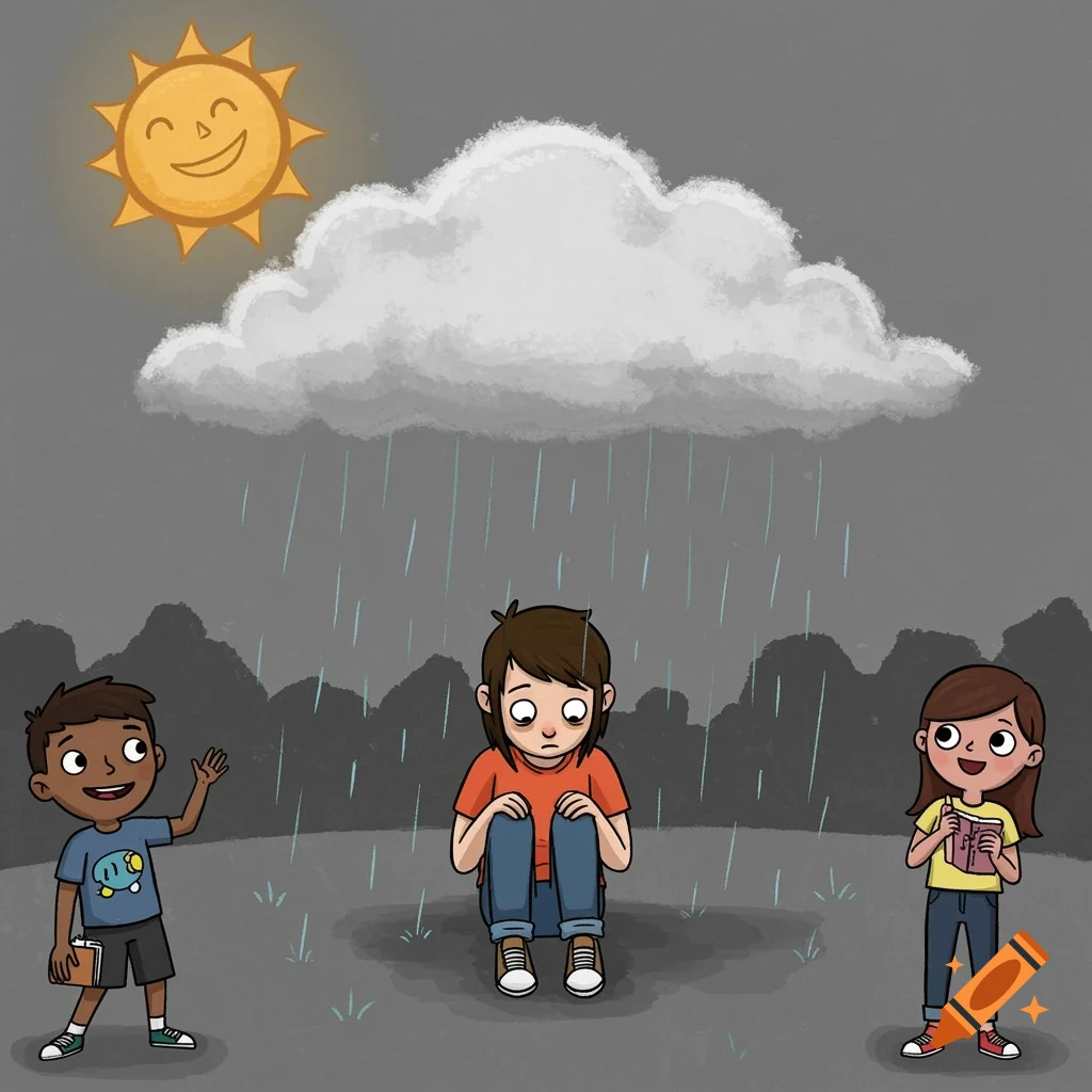 A cartoon shows one child sitting in rain under a cloud while two other children stand in sunshine.