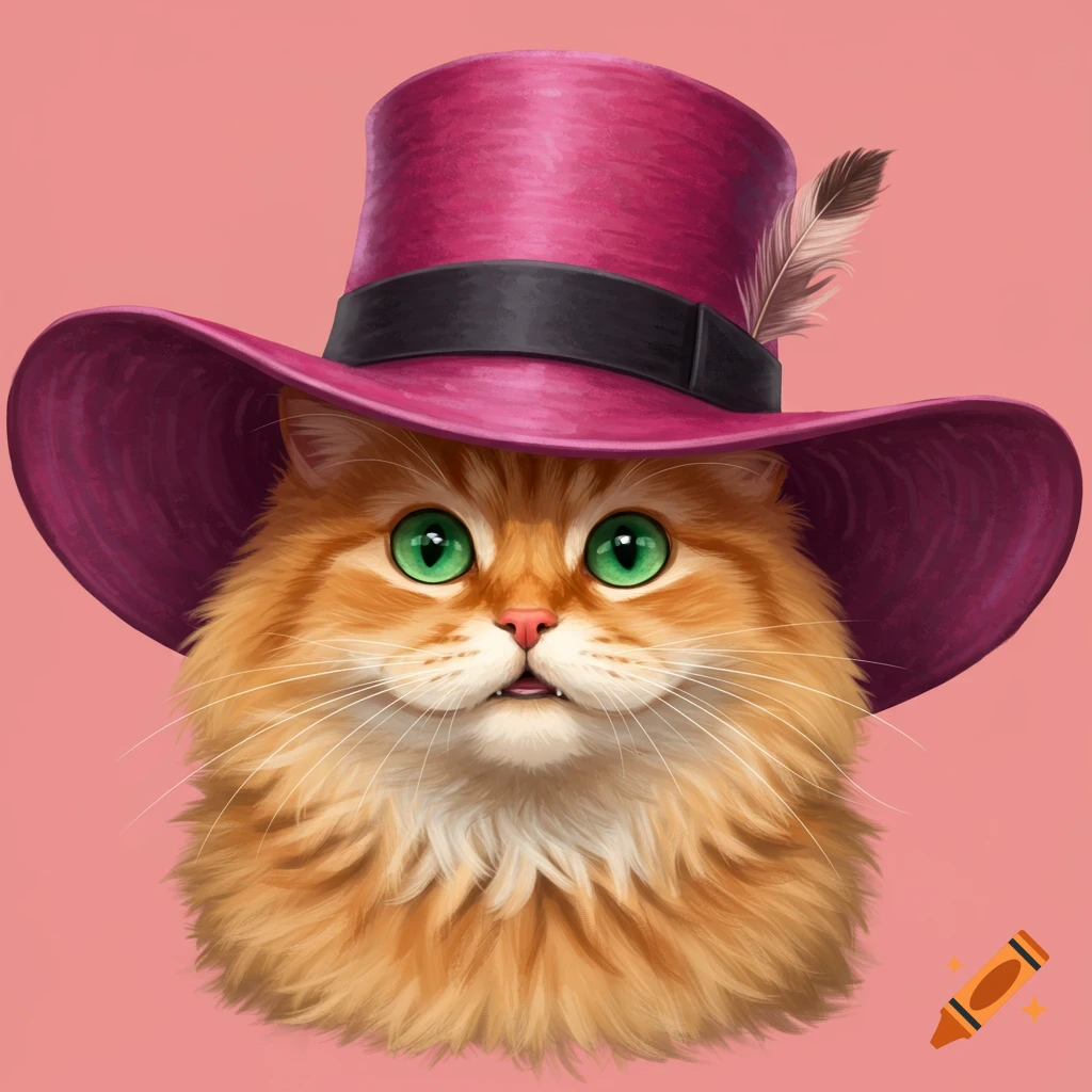 An orange cat wearing a large pink top hat