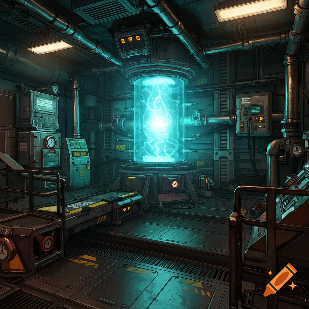 A detailed sci-fi laboratory interior with a glowing blue reactor.