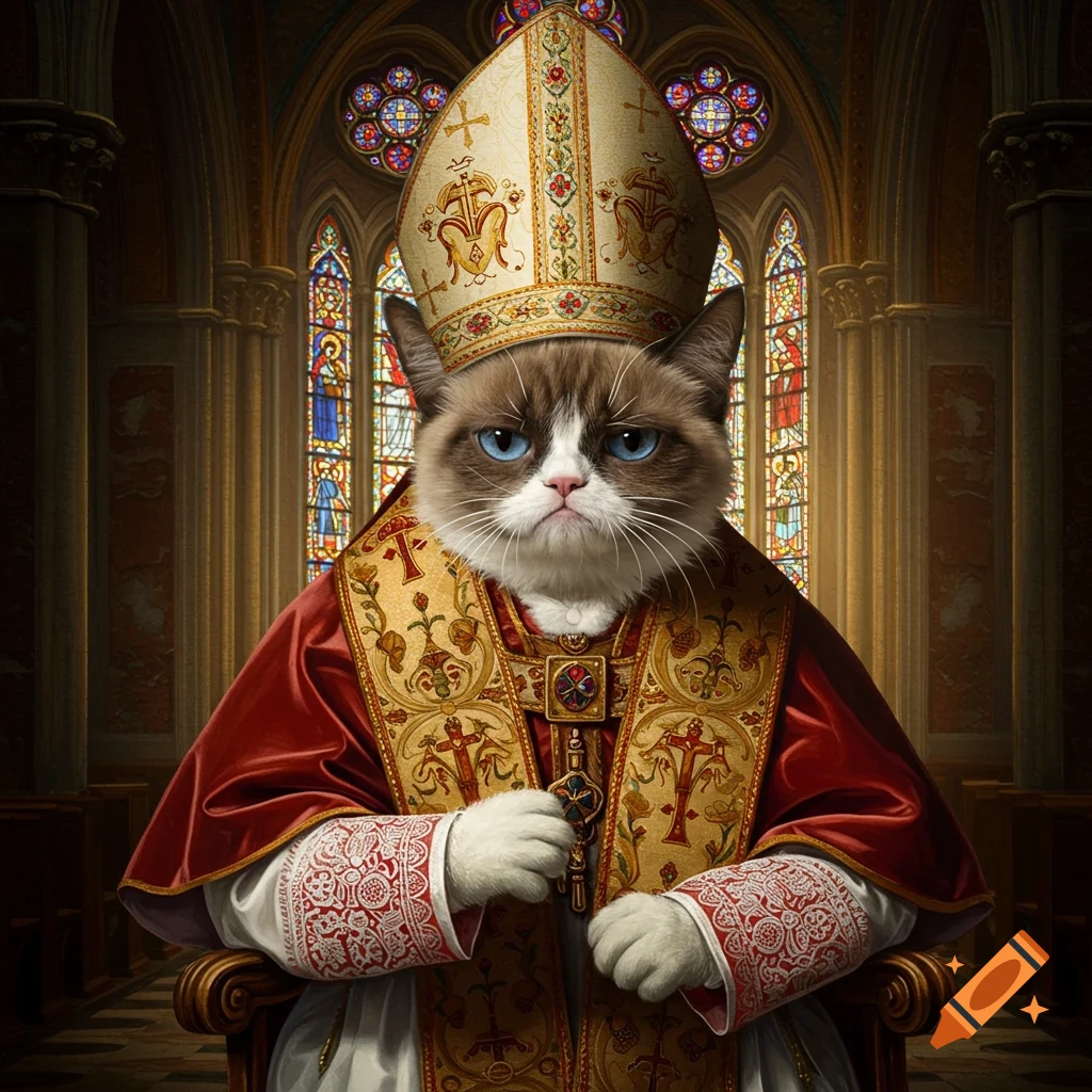 A gray cat dressed as Princess Leia in a white robe and braided buns ...