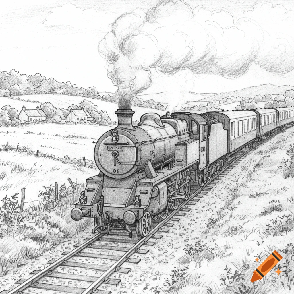 Pencil drawing of a steam train pulling carriages through a rural landscape.