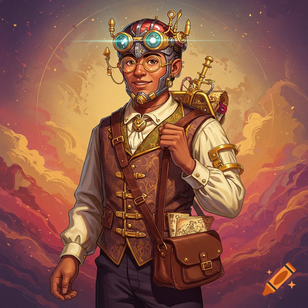 A person in steampunk outfit with goggles and gear, holding a satchel, against a dramatic sky.