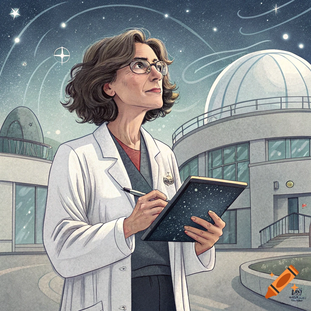 Illustration of a scientist looking at stars outside an observatory, holding a tablet and pen.