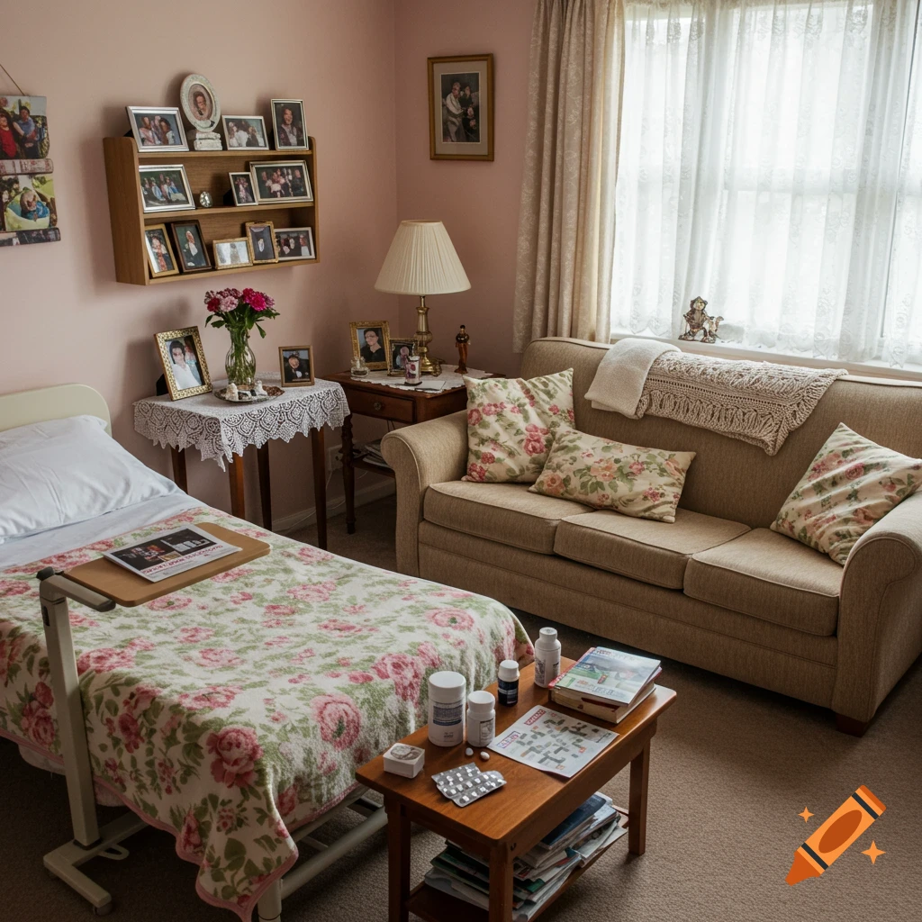 A living room converted to a bedroom with a hospital bed, sofa, furniture, photos, and medical supplies. Photorealistic style.