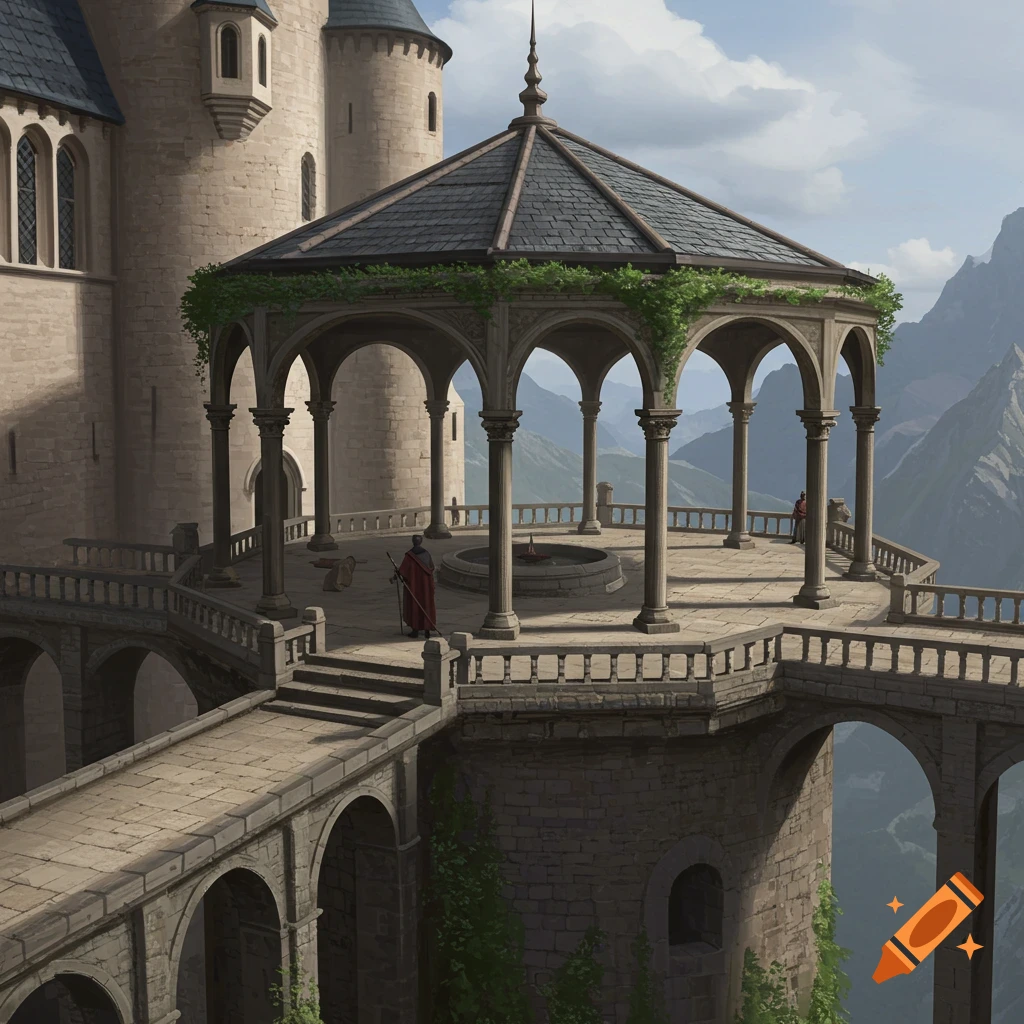 A stone pavilion on a high terrace connected to a castle by bridges, with figures and mountains in the background.