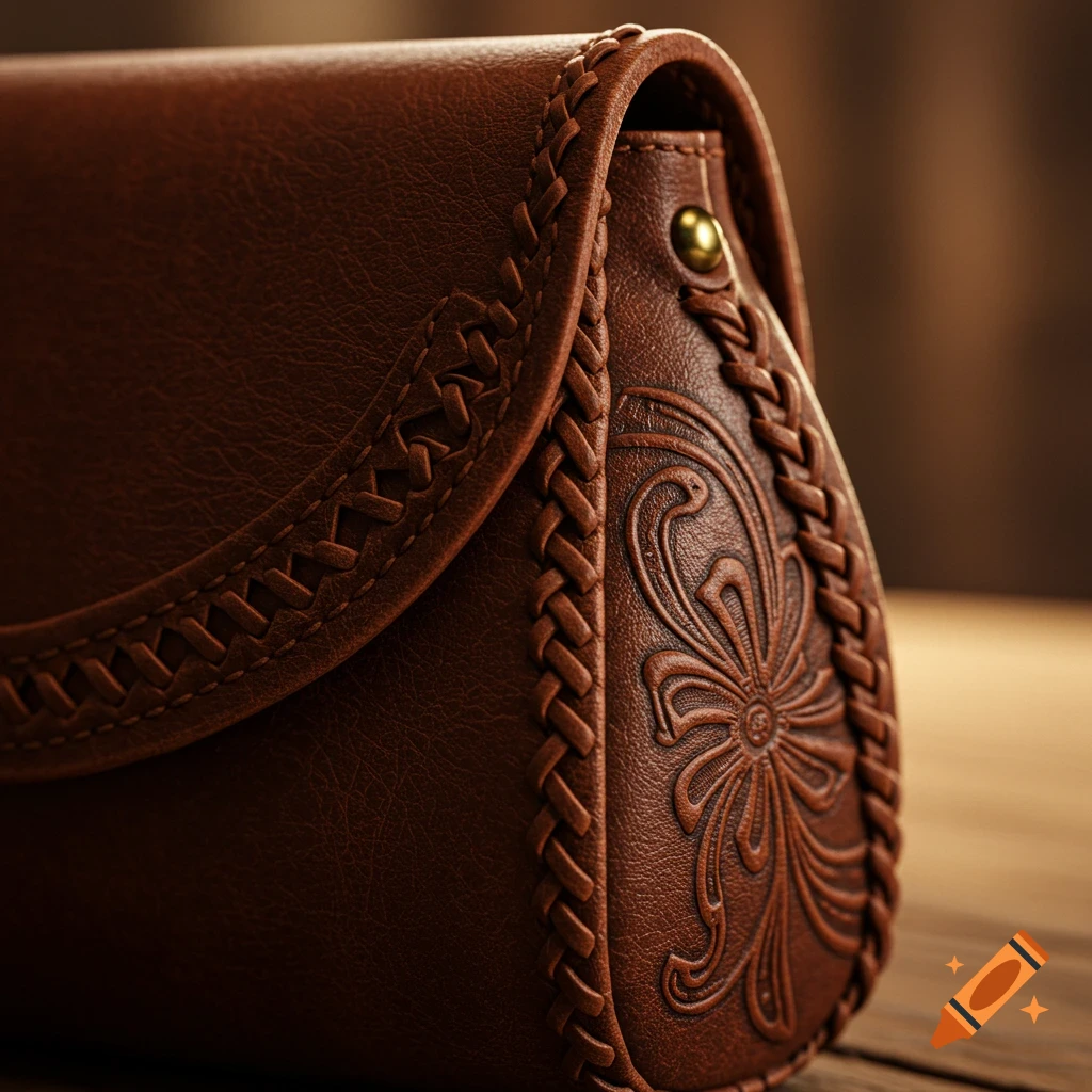 A detailed close-up of a brown leather handbag with intricate stitching and an embossed floral design. Photorealistic style.