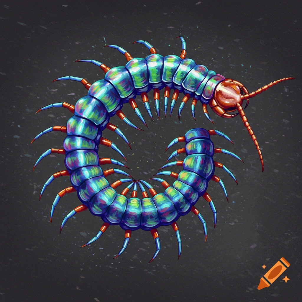 A brightly colored centipede is curled into a circle on a dark background.