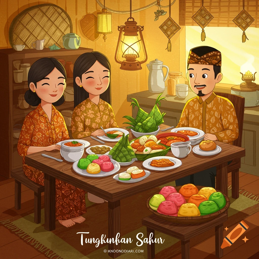 A family of three eats a meal with ketupat and colorful desserts around a table in a digital illustration.