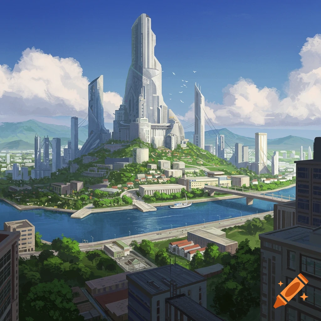 A futuristic city built on a hill overlooking a river with bridges and modern buildings.