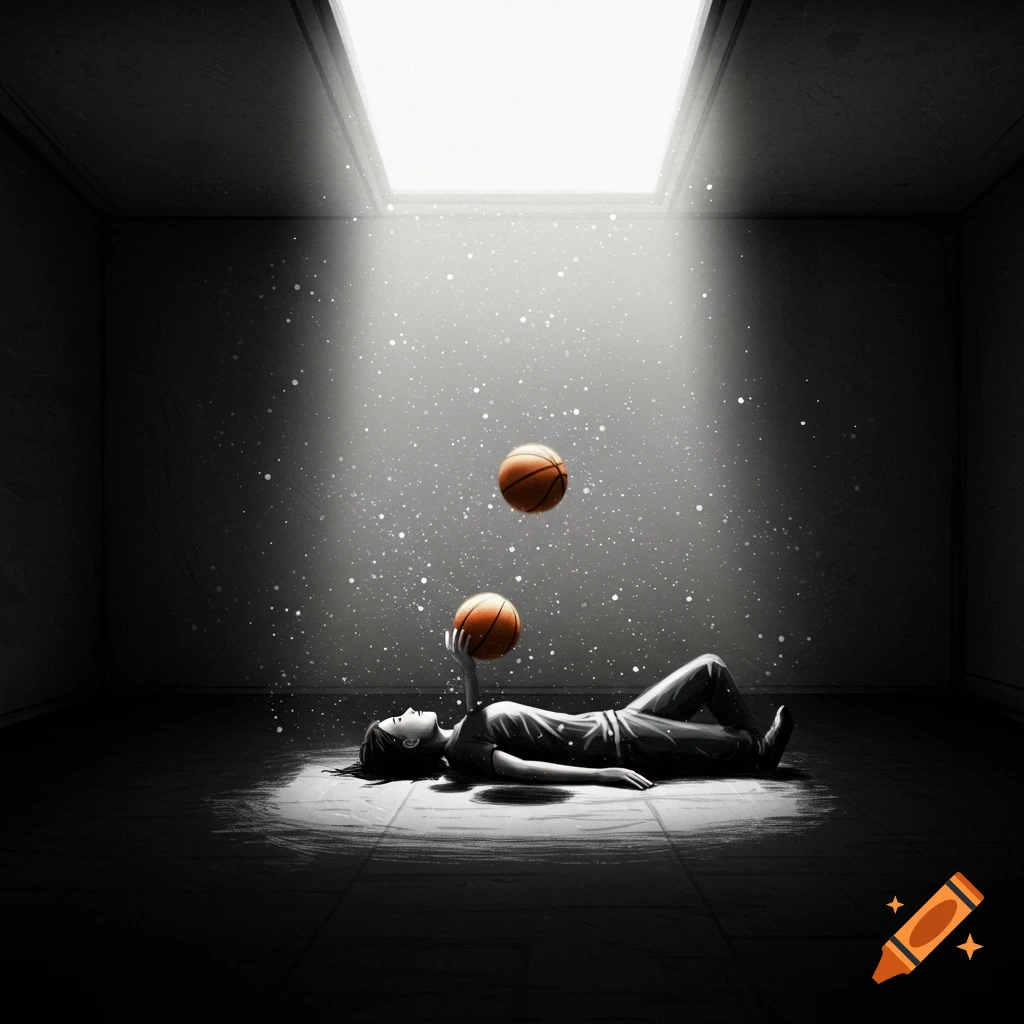 A person lies on a dark floor, tossing basketballs under a bright skylight.