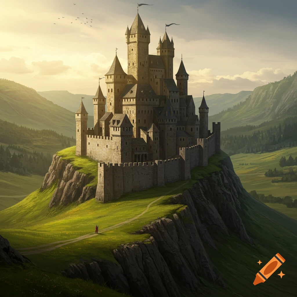 A large medieval castle stands on a hill overlooking a green valley.