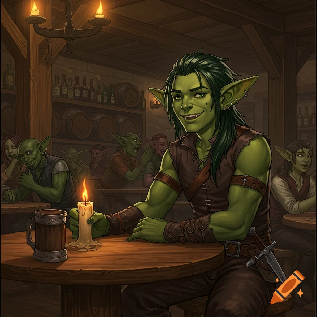 A green-skinned male goblin sits at a table in a crowded tavern, holding a candle.