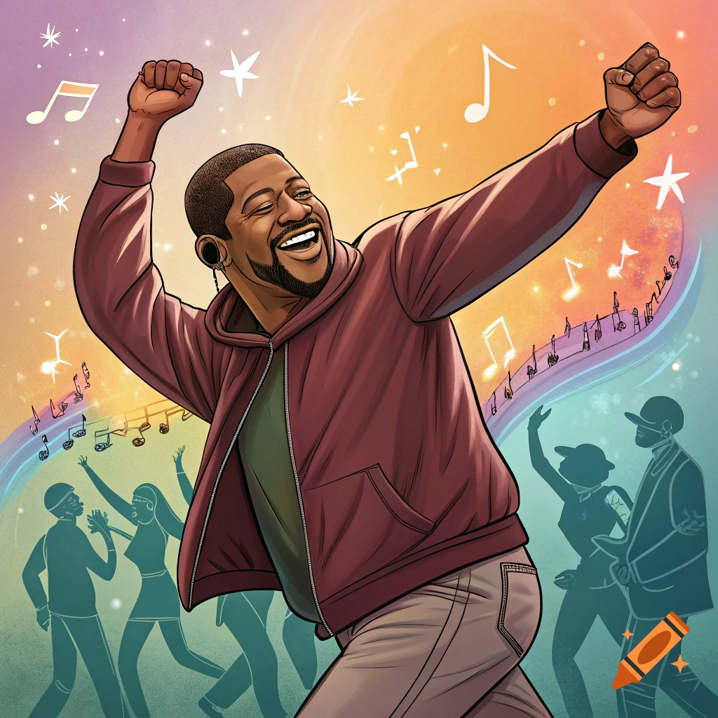 Illustration of a man dancing joyfully with raised fists, surrounded by musical notes and silhouetted dancers.