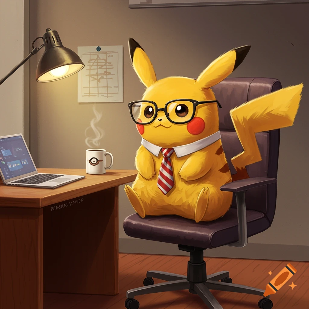 Pikachu wearing glasses and a tie, sitting in an office chair at a desk with a laptop and coffee mug.