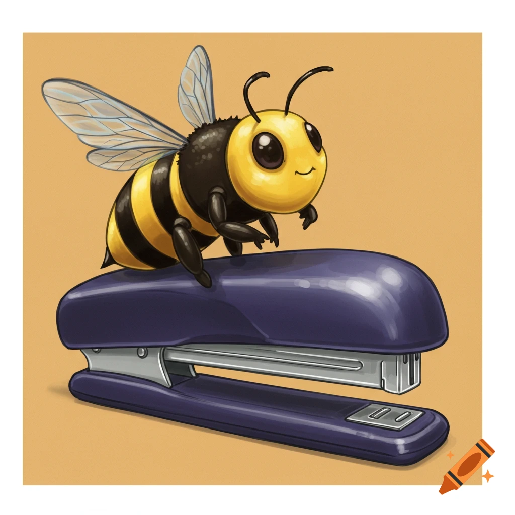A cute cartoon bee sits on a purple stapler.