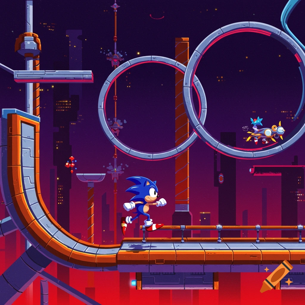 Sonic the Hedgehog running in a futuristic level with large loops.
