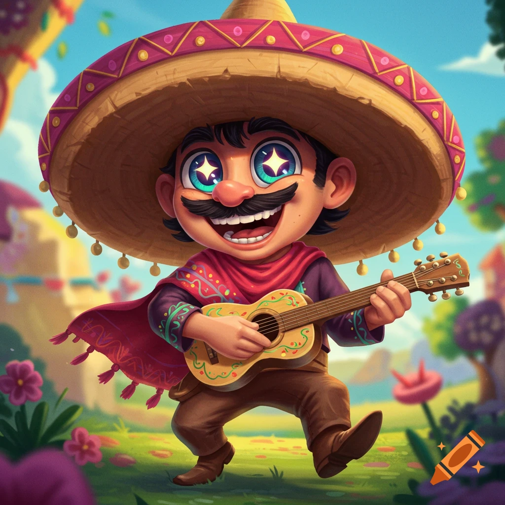 Cartoon character in sombrero and sarape plays guitar in sunny landscape