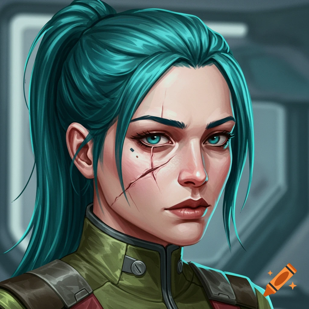 Portrait of a woman with teal hair and a scar, wearing a sci-fi jacket.