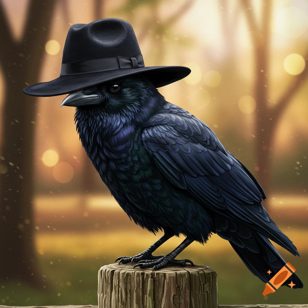 A crow wearing a fedora hat is sitting on a wooden stump.