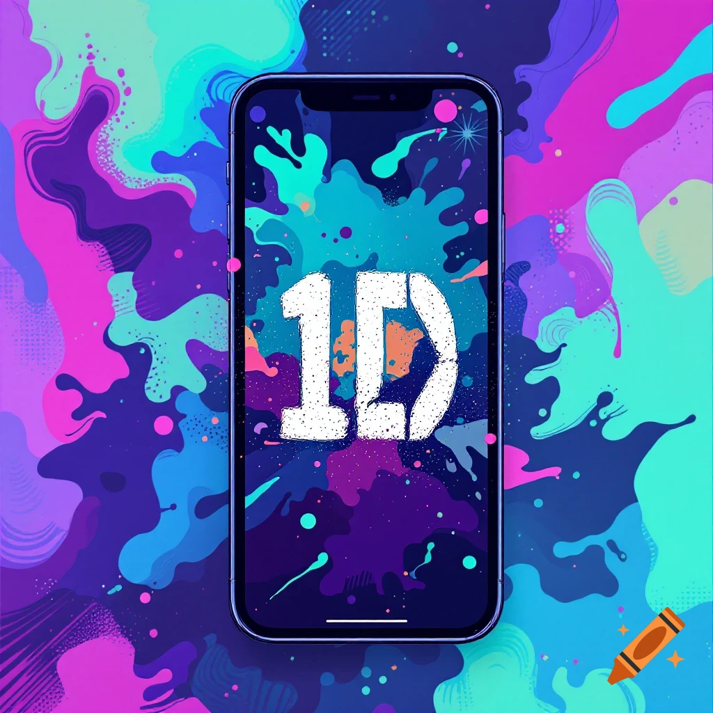 A phone screen displaying the '1D' logo on a vibrant abstract splash background.