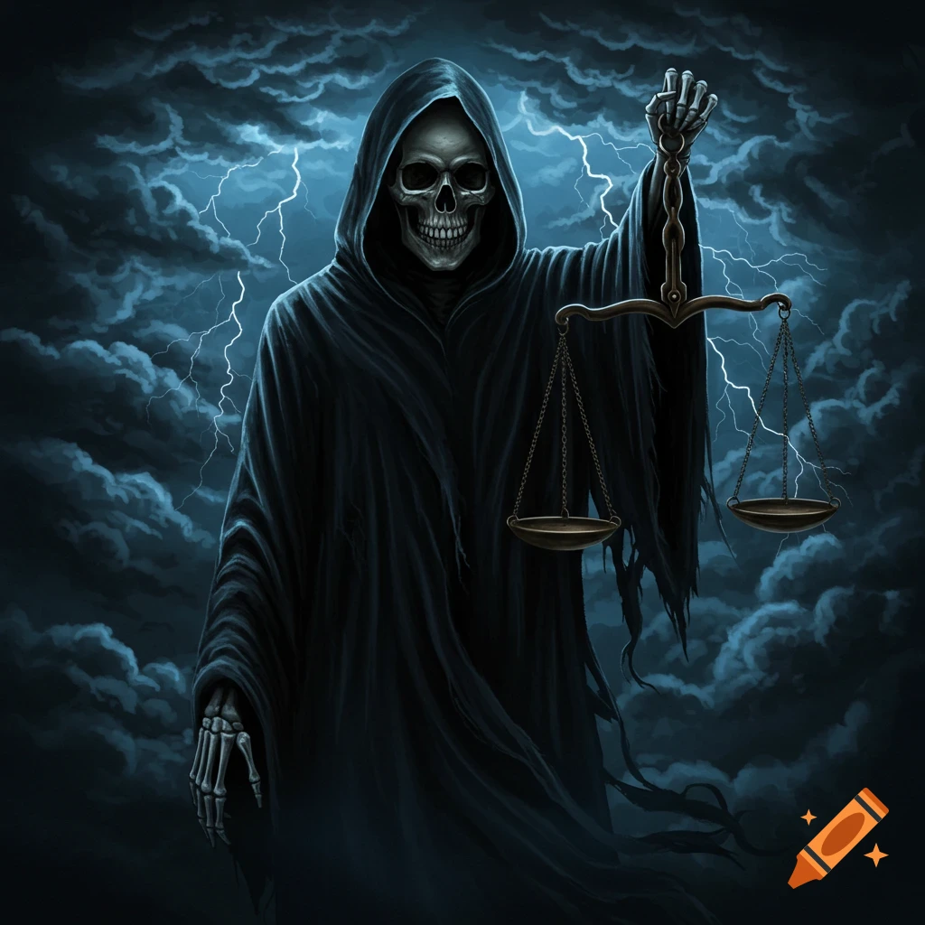 Grim Reaper holding scales of justice against a stormy sky.