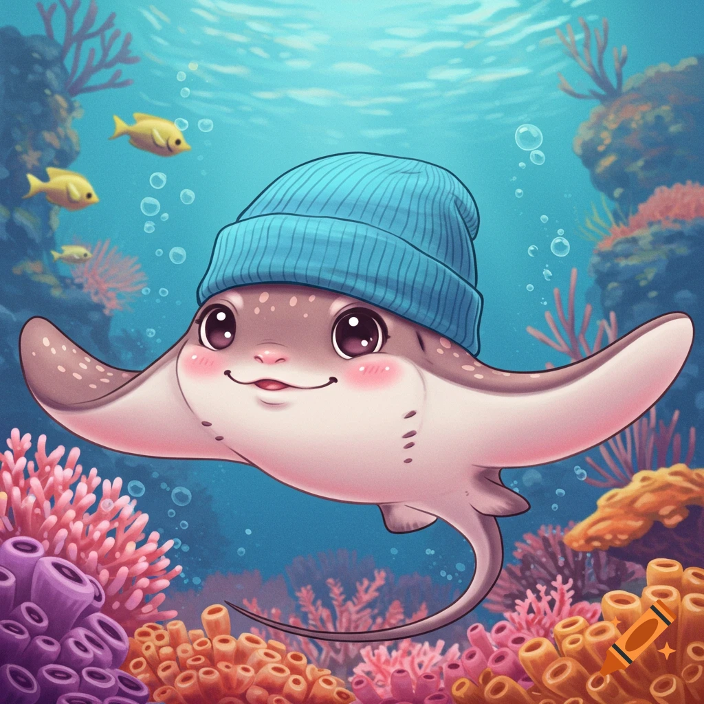 A cute cartoon stingray wearing a beanie hat swims in a colorful coral reef.