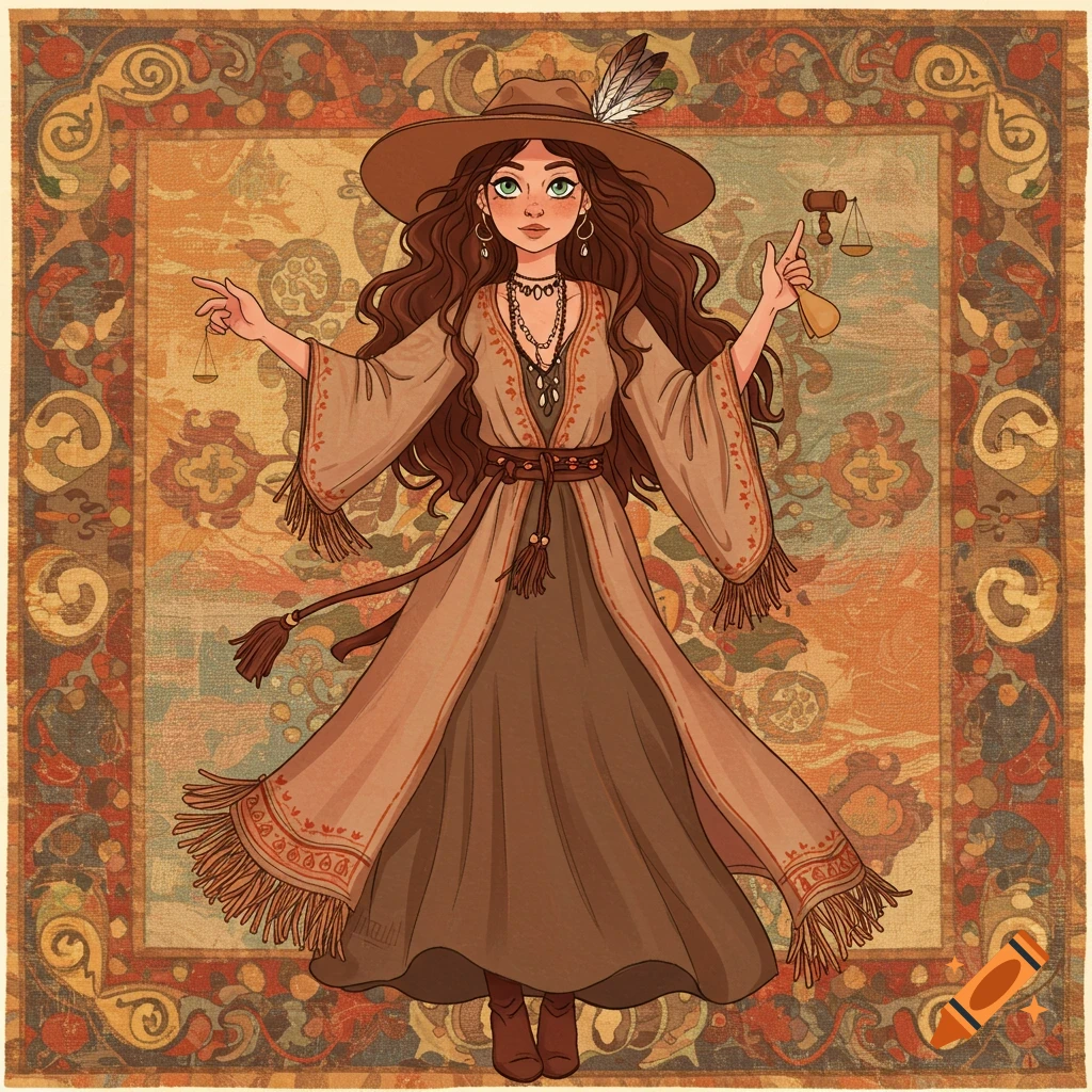 Illustration of a woman in boho clothing holding scales, standing on a patterned rug.
