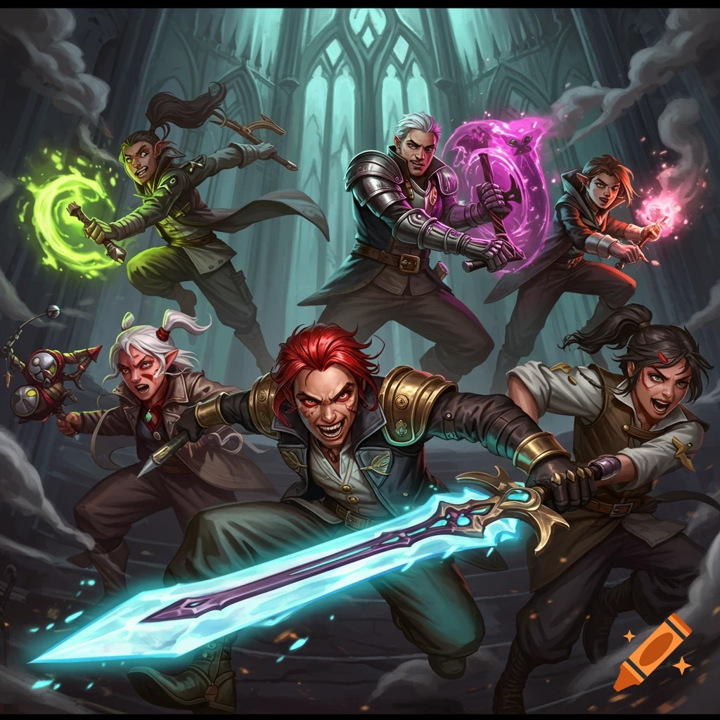 A group of diverse fantasy adventurers fighting with swords and magic in a dark, gothic setting.