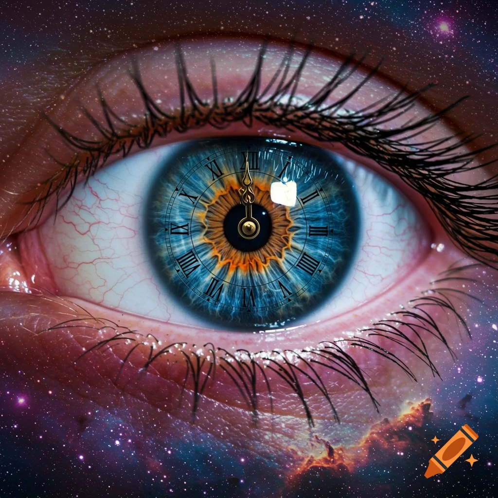 Close-up of a surrealistic eye with a clock face for an iris against a starry space background.