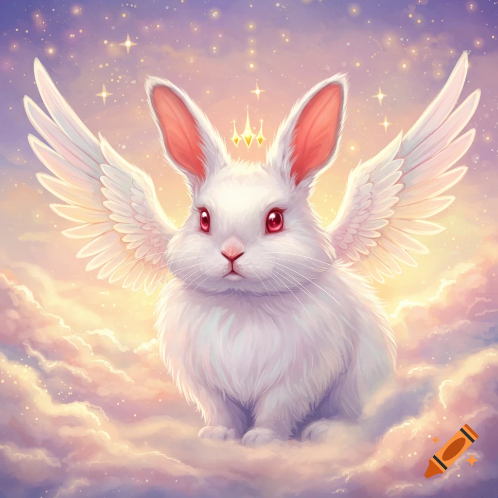 A white bunny with angel wings and a crown sits on a cloud in a starry sky