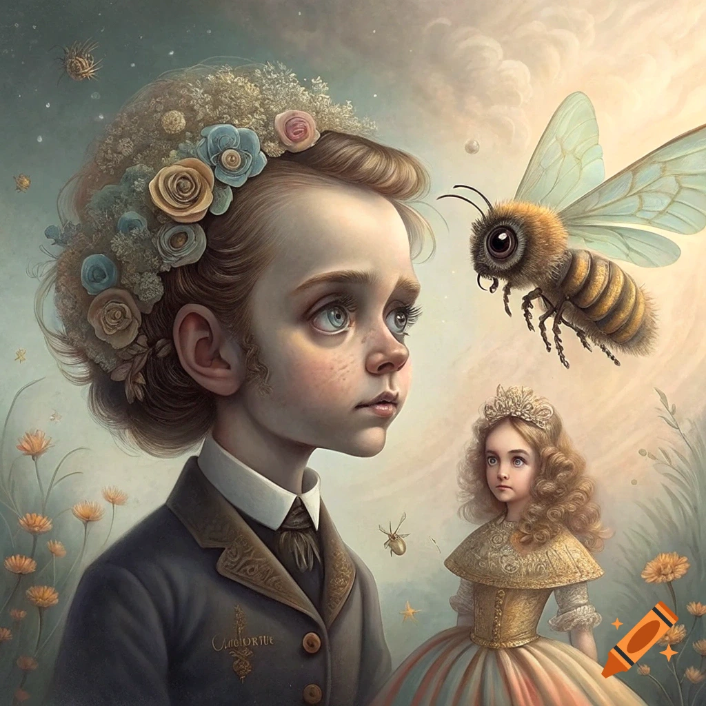 A boy with a floral wreath looks up at a large bee; a smaller girl in a crown stands behind him in a surreal field of flowers.
