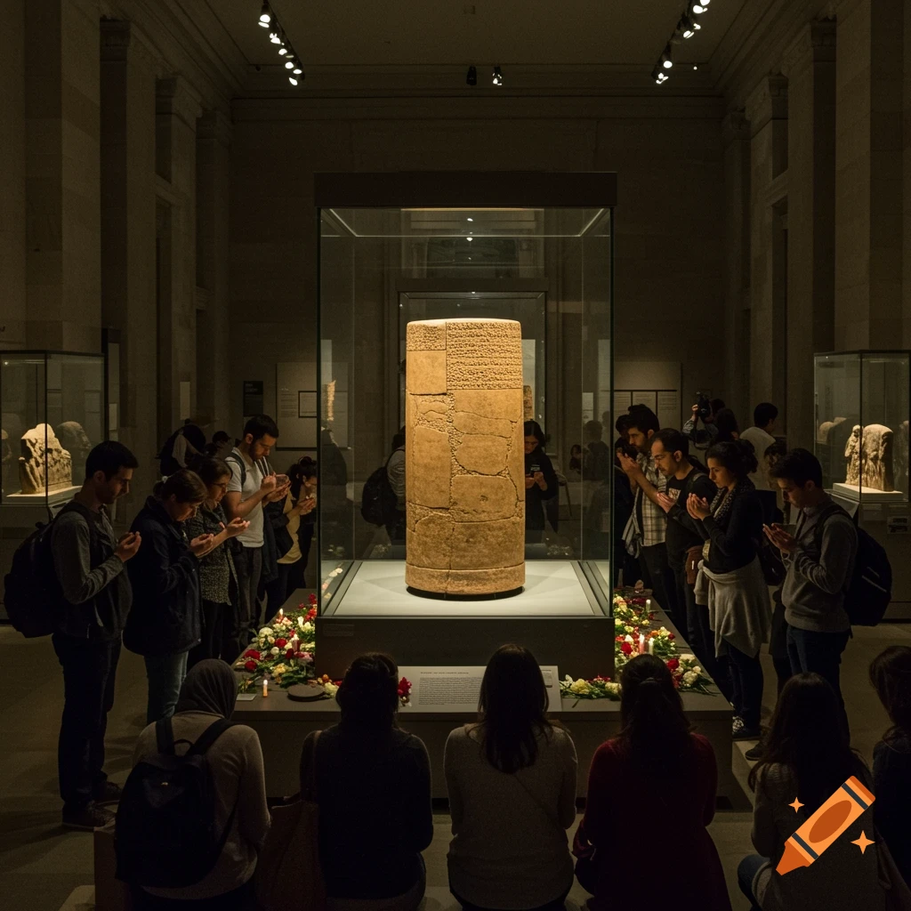 People view the ancient Cyrus Cylinder in a dimly lit museum display case