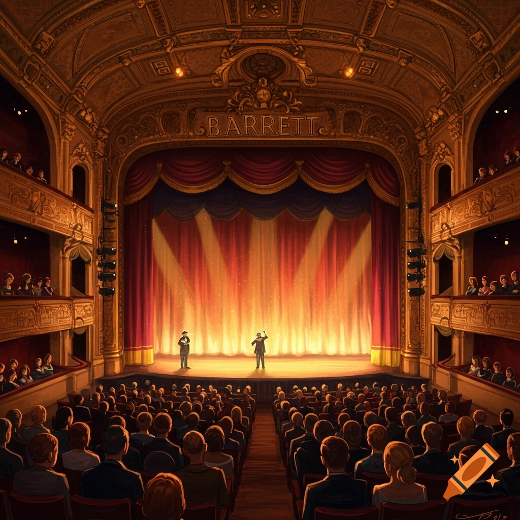 A grand theater interior with an audience watching two figures on a stage beneath a sign reading BARRETT.