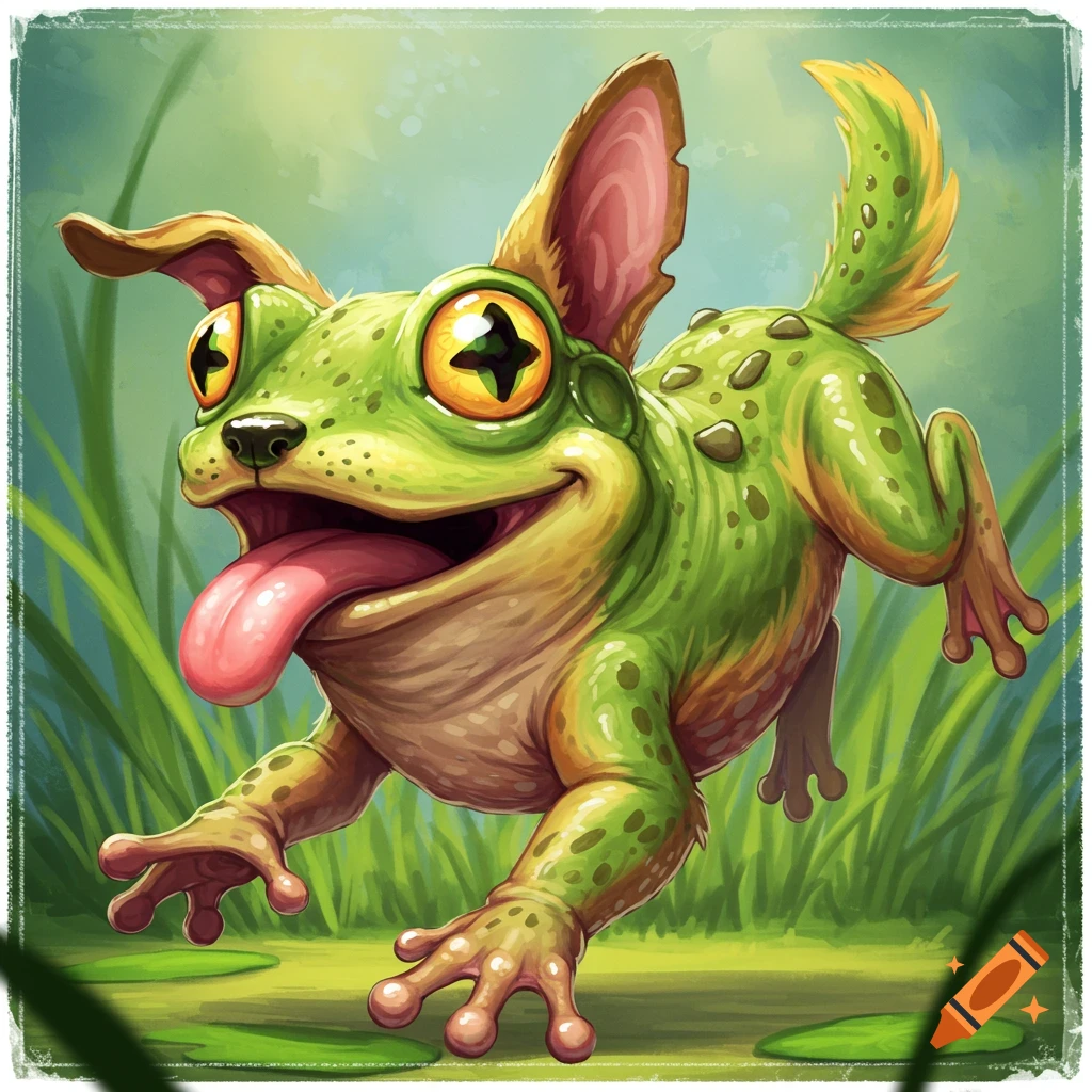 A green frog-dog hybrid creature with big ears and long tongue running through grass.